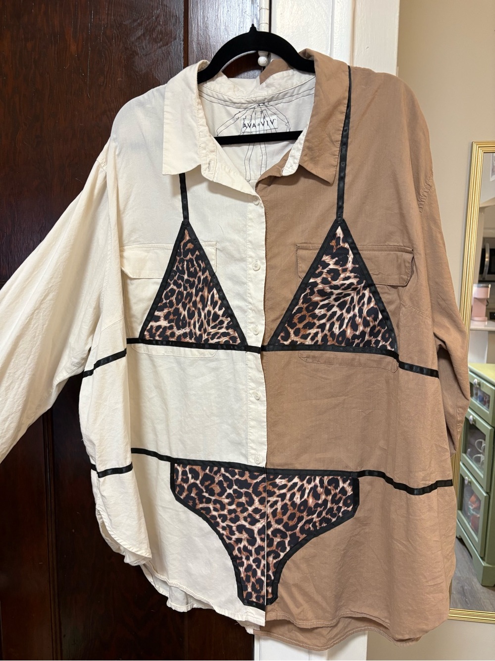 Button-Down Swim Cover Up or Shirt with Leopard Bikini Applique- Cream & Tan